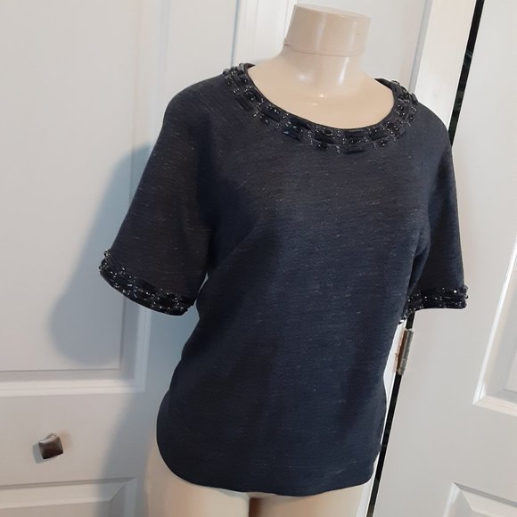 J. Crew Heathered Blue Rhinestone & Beaded Short Sleeve Cotton Sweatshirt - Picture 4 of 12